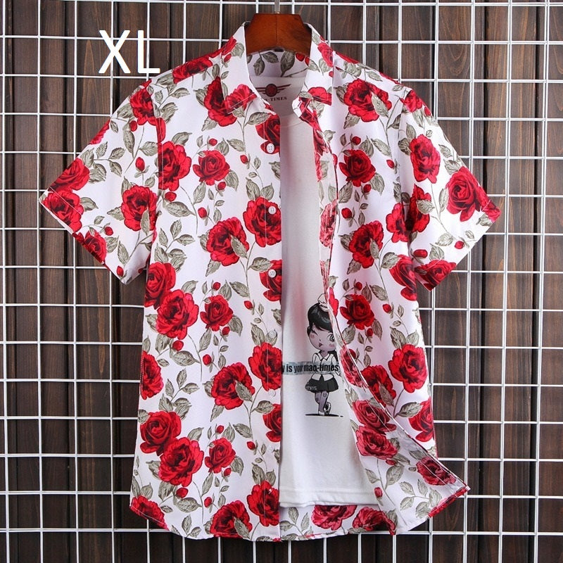 Summer White Printed Short Sleeved Shirt for Men, Hawaii Rose Flower Shirts Hawaiian Vacation Camisa Chemise