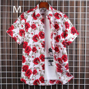 Summer White Printed Short Sleeved Shirt for Men, Hawaii Rose Flower Shirts Hawaiian Vacation Camisa Chemise