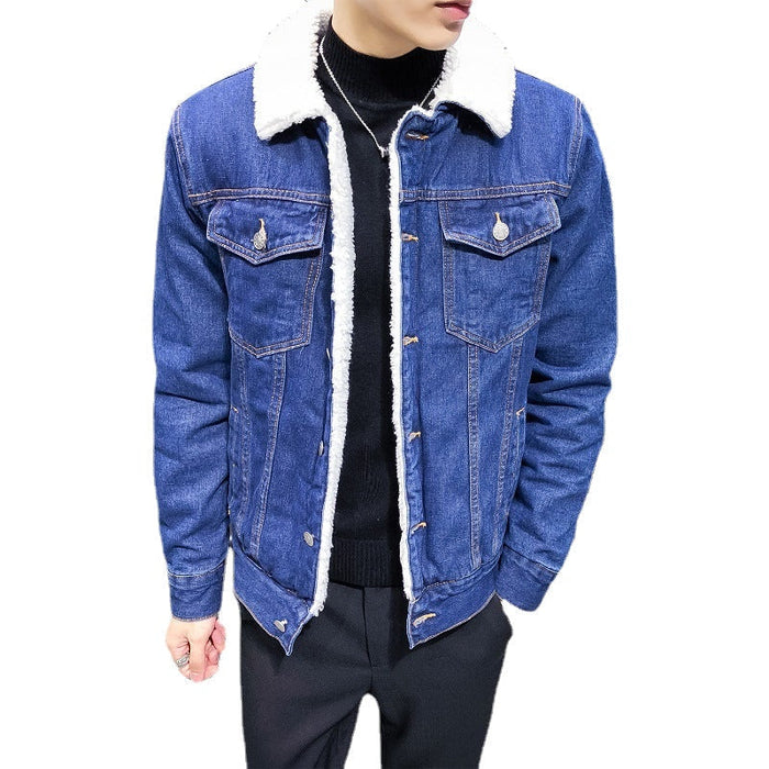 Men's jacket 2025 winter new fleece thickened denim jacket men's lamb wool denim cotton jacket(P)