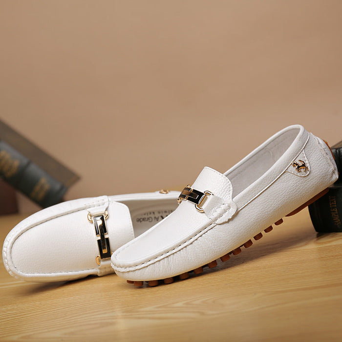 Summer men's shoes, beancurd shoes, driving shoes, low-cut covers, leather surface, metal decoration, British flat-bottomed casual shoes, small leather shoes(P)