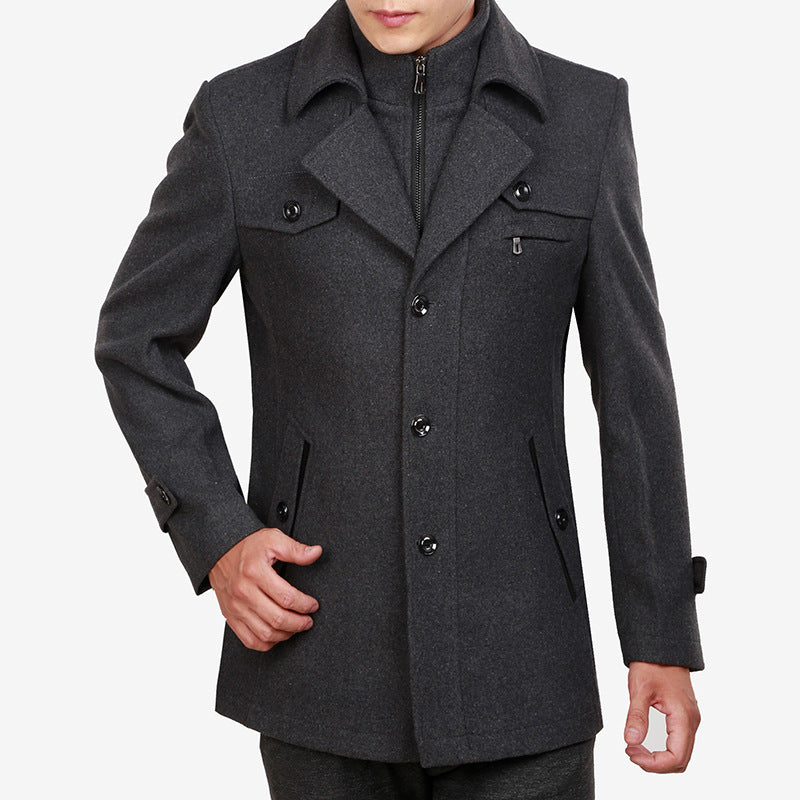 Autumn and winter new thickened woolen coat men's coat medium and long men's woolen trench coat business middle-aged men's clothing