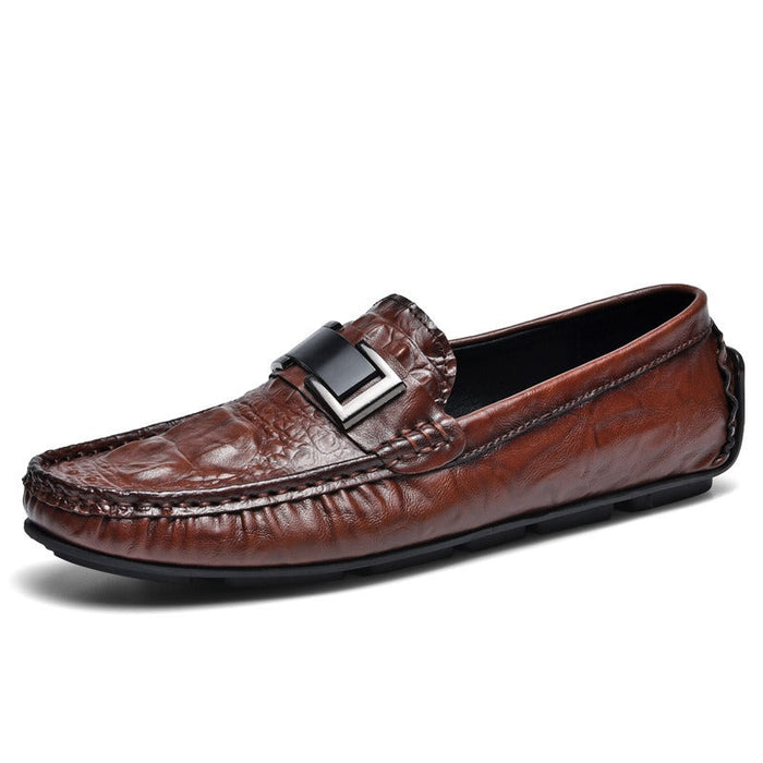 Spring and summer live broadcast popular crocodile pattern beanie shoes one-legged lazy driving shoes British casual men's leather shoes genuine leather(P)