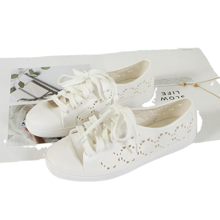 new fashion low-top shoes casual flat solid color hollow strap white shoes 2024
