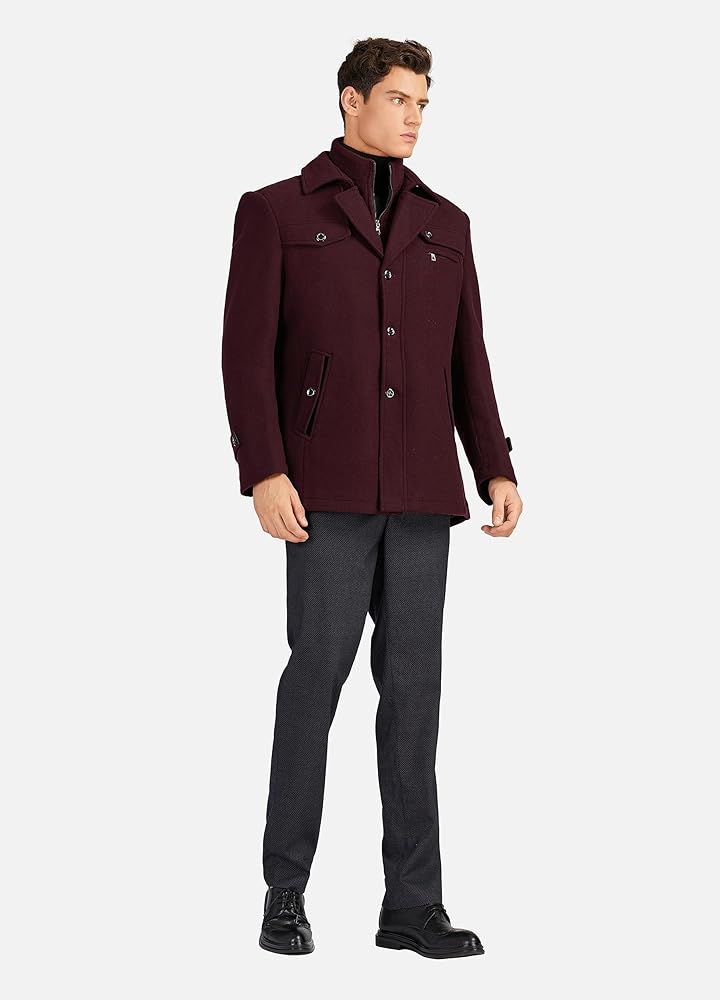 Men's Wool Blend Pea Coat Single Breasted Slim Fit Winter Jacket With Removalbe Scarf