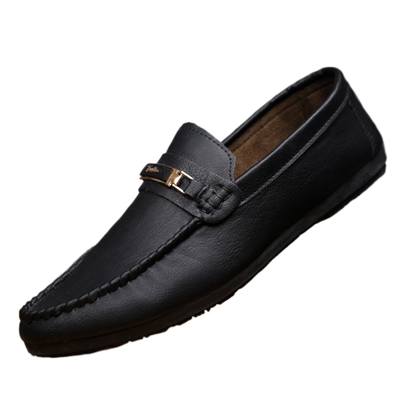 Leather shoes waterproof casual one-pedal loafers handmade business low-top black British men's shoes flat platform single shoes