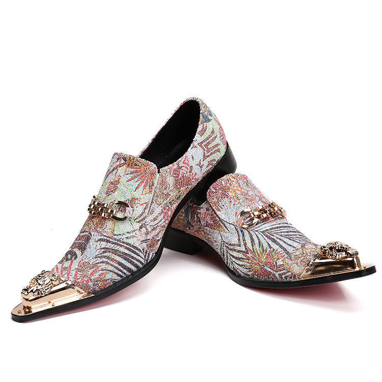 Foreign trade personality trend men's leather shoes fashion slip foot men's shoes leather pointed toe personality iron toe business casual men's shoes tide