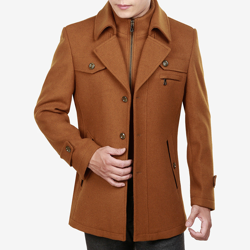 Autumn and winter new thickened woolen coat men's coat medium and long men's woolen trench coat business middle-aged men's clothing
