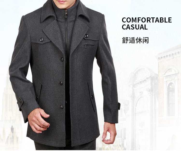 Autumn and winter new thickened woolen coat men's coat medium and long men's woolen trench coat business middle-aged men's clothing