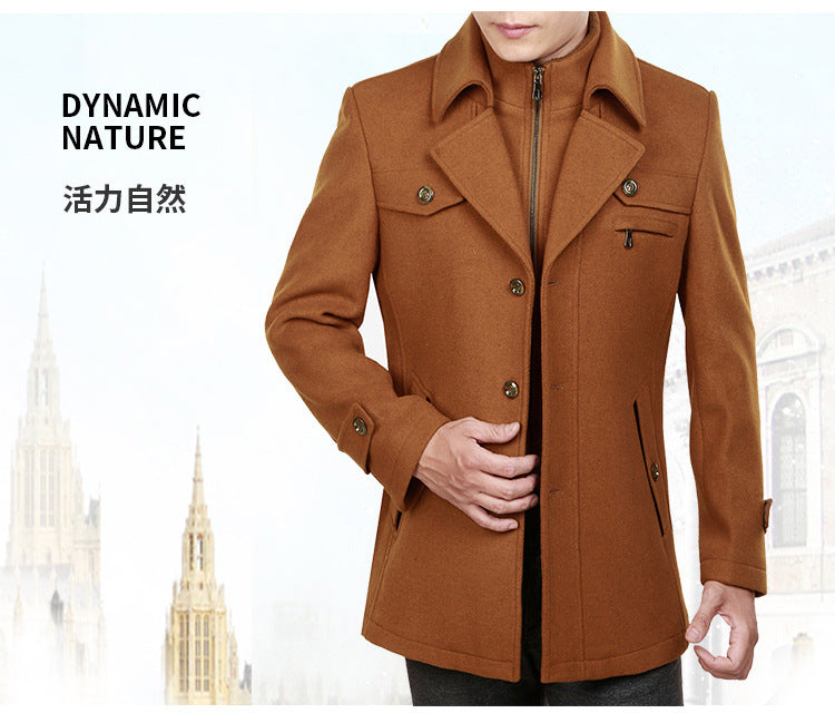Autumn and winter new thickened woolen coat men's coat medium and long men's woolen trench coat business middle-aged men's clothing