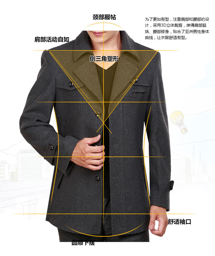 Autumn and winter new thickened woolen coat men's coat medium and long men's woolen trench coat business middle-aged men's clothing