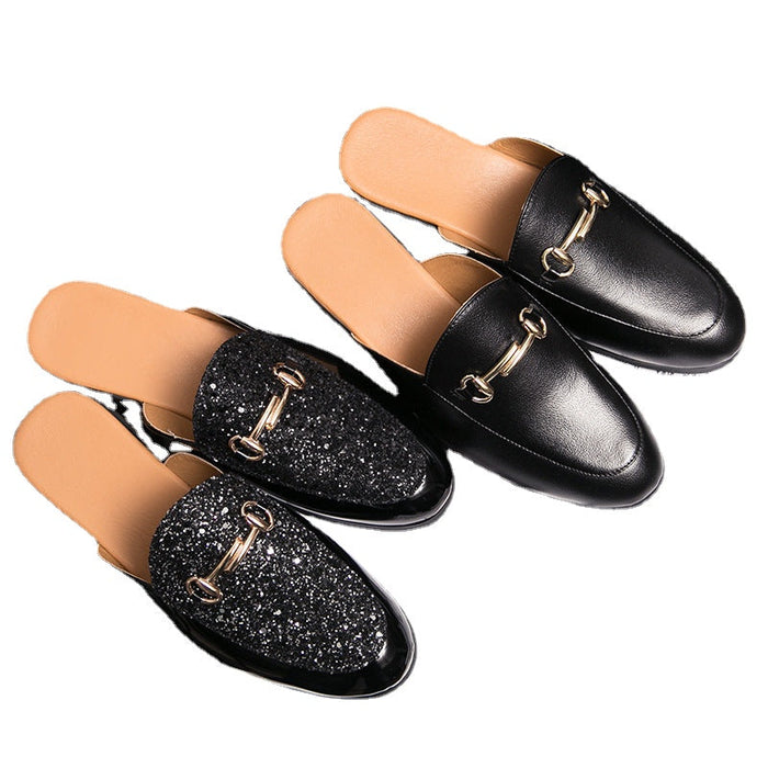 Half slippers men's slippers summer lazy no heel Doudou shoes pointed sequins fashion outdoor sandals men's shoes(P)