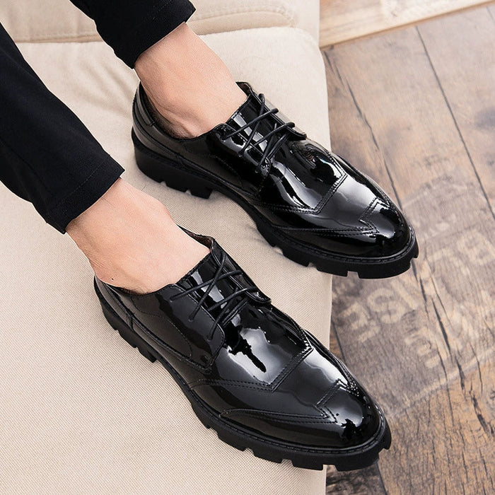 2025 new autumn and winter pointed-toed casual shoes Korean style trendy leather shoes plus velvet black youth bright leather shoes one drop(P)