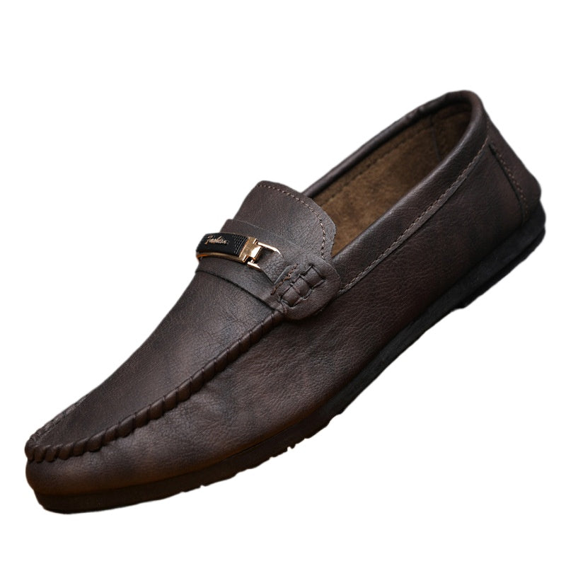 Leather shoes waterproof casual one-pedal loafers handmade business low-top black British men's shoes flat platform single shoes