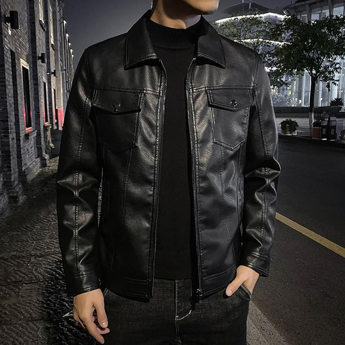 Men's Lapel With Double Pocket Lather Jacket Zipper Slim Coat Casual Loose Coat