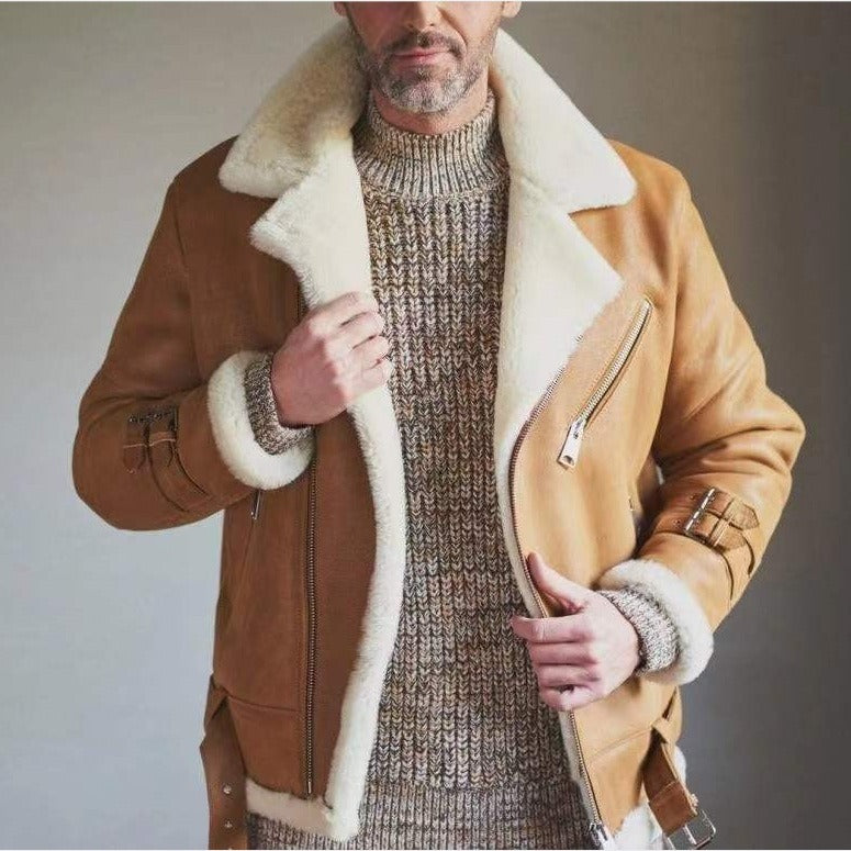 European and American men's ethnic outerwear zipper plush brown belt buckle decoration fashionable urban good-looking ancient trendy men's jacket