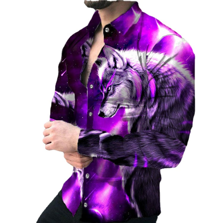 2024 Foreign trade cross-border solid color slim spot all-purpose cotton casual lapel animal print youth shirt