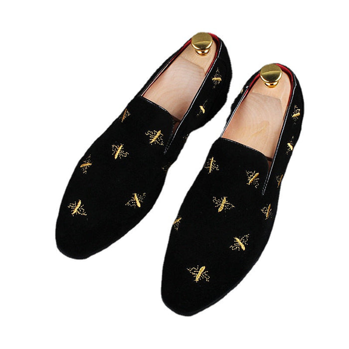 Men's Korean version of pointed leather shoes trend embroidered small bee feet raised bean shoes frosted inside lazy casual shoes(P)