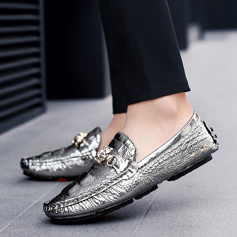 Men's Loafers, Patent Leather, Soft Sole, Crocodile Pattern, Sizes 47 & 48, Casual Leather Shoes, Korean Style, Silver, Summer, Men's Slip-on Shoes