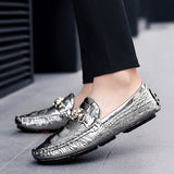 Men's Loafers, Patent Leather, Soft Sole, Crocodile Pattern, Sizes 47 & 48, Casual Leather Shoes, Korean Style, Silver, Summer, Men's Slip-on Shoes