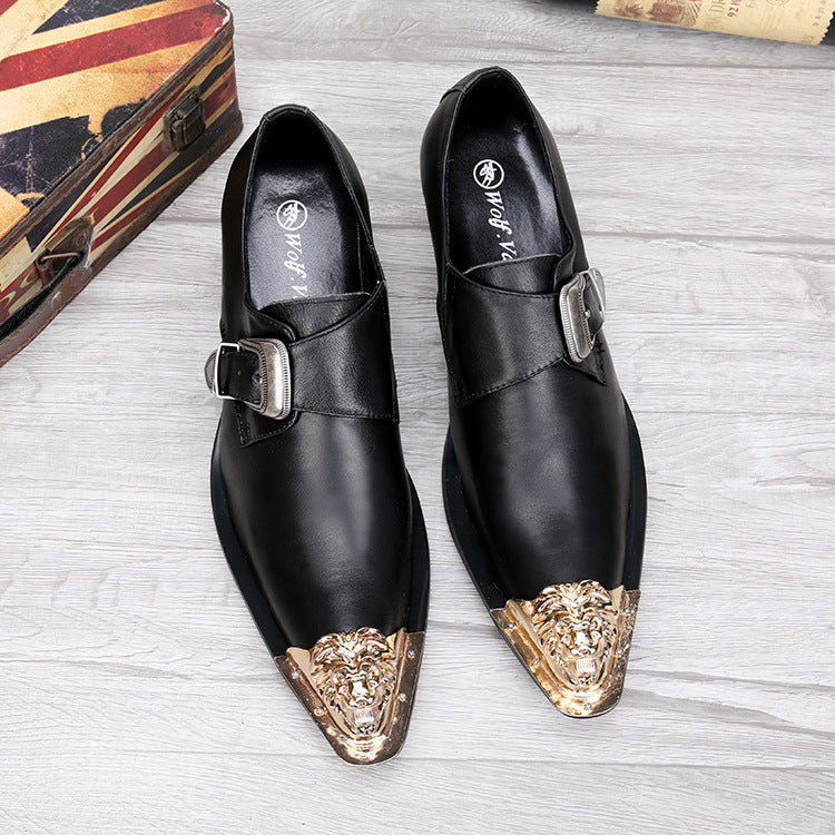 Autumn/Winter Buckle Men's Shoes Korean Style Genuine Leather Business Formal Shoes Men's British Style Pointed Toe Casual Youth Low-Top Shoes