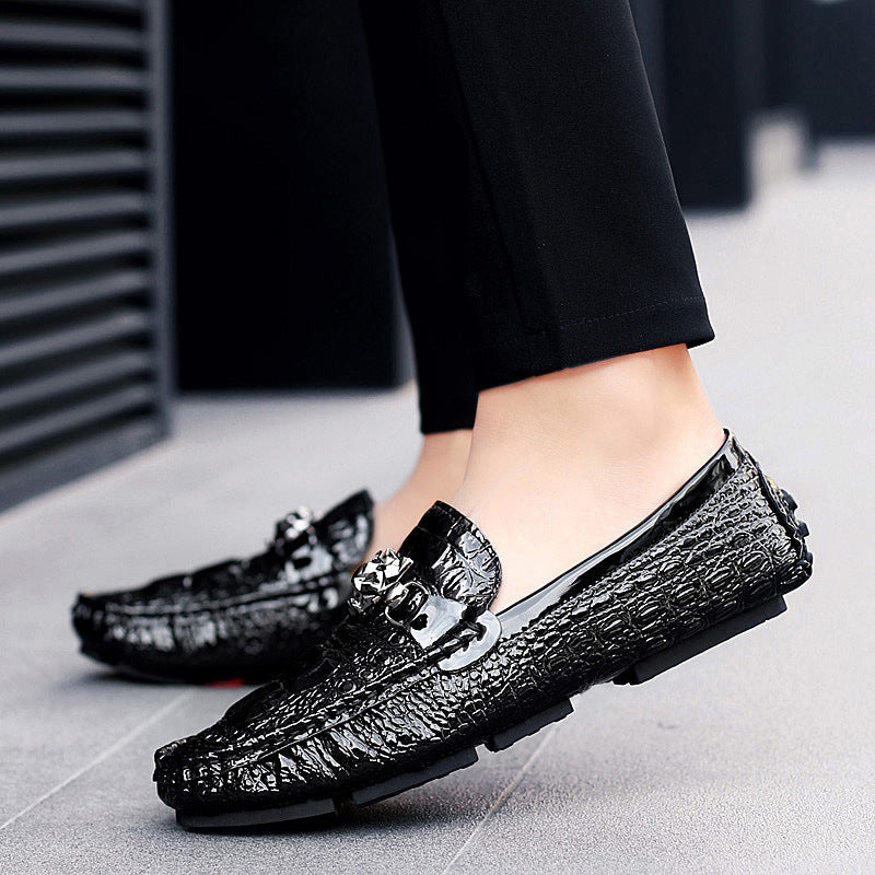 Men's Loafers, Patent Leather, Soft Sole, Crocodile Pattern, Sizes 47 & 48, Casual Leather Shoes, Korean Style, Silver, Summer, Men's Slip-on Shoes (Silver)