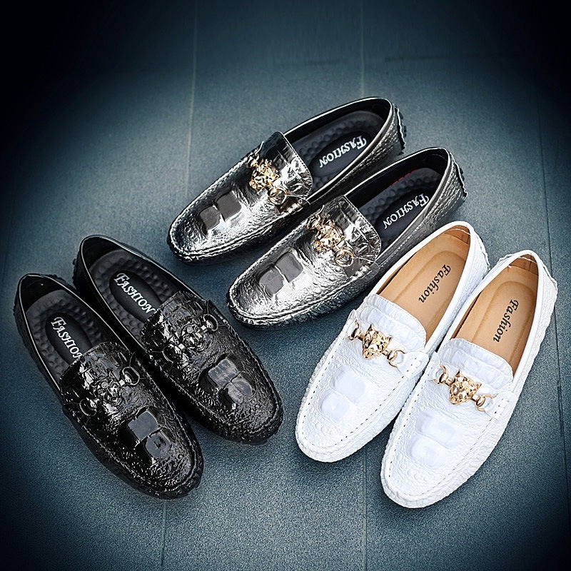 Men's Loafers, Patent Leather, Soft Sole, Crocodile Pattern, Sizes 47 & 48, Casual Leather Shoes, Korean Style, Silver, Summer, Men's Slip-on Shoes