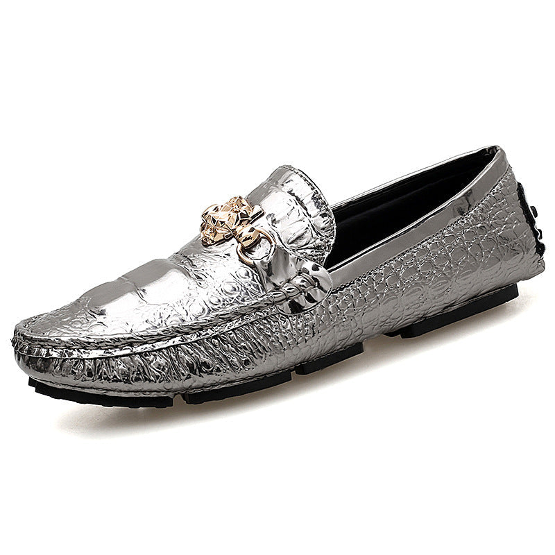 Men's Loafers, Patent Leather, Soft Sole, Crocodile Pattern, Sizes 47 & 48, Casual Leather Shoes, Korean Style, Silver, Summer, Men's Slip-on Shoes (White)