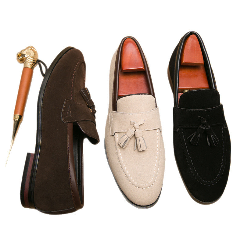 British style men's leather shoes, Korean style trendy slip-on casual tassel loafers with hidden wedge heels