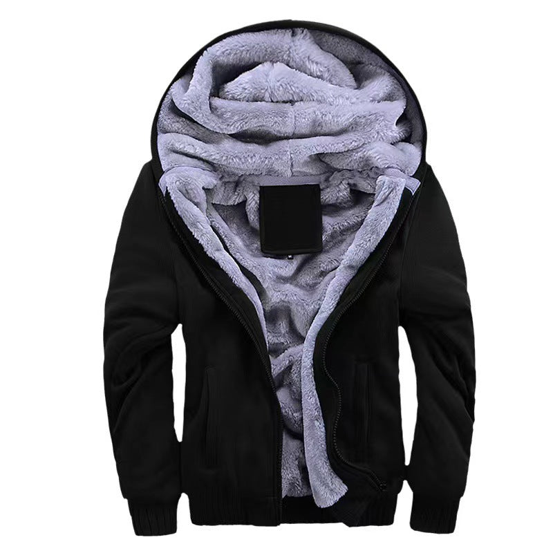 Men's Autumn/Winter Plain Color Hooded Fleece-Lined Thick Cardigan Jacket, New Style for Youth (Black)