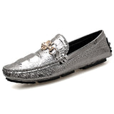 Men's Loafers, Patent Leather, Soft Sole, Crocodile Pattern, Sizes 47 & 48, Casual Leather Shoes, Korean Style, Silver, Summer, Men's Slip-on Shoes