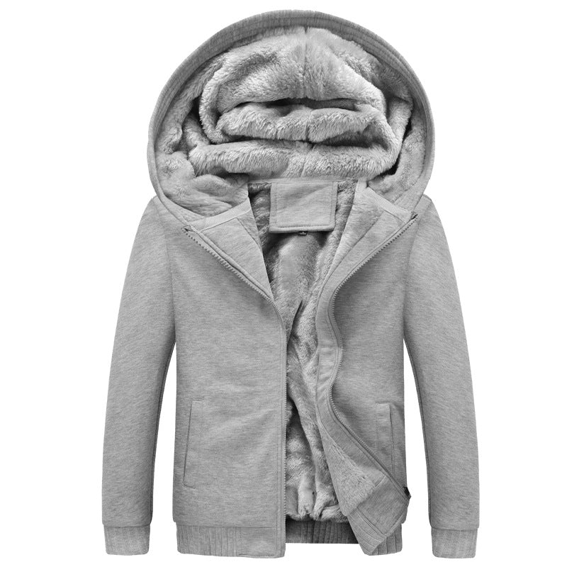 Men's Autumn/Winter Plain Color Hooded Fleece-Lined Thick Cardigan Jacket, New Style for Youth (gray)