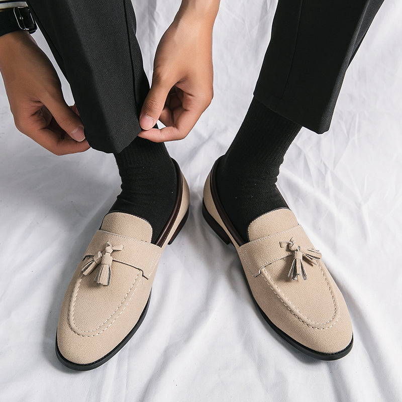 British style men's leather shoes, Korean style trendy slip-on casual tassel loafers with hidden wedge heels