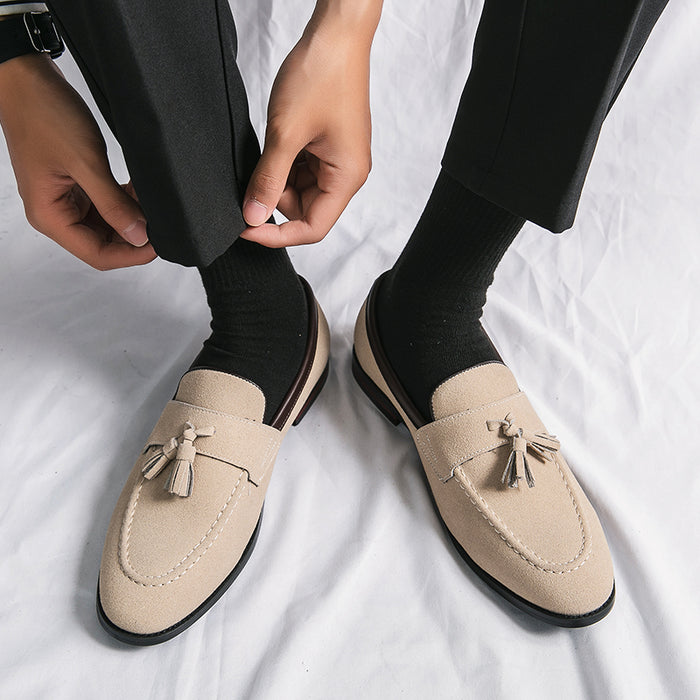 British style men's leather shoes, Korean style trendy slip-on casual tassel loafers with hidden wedge heels