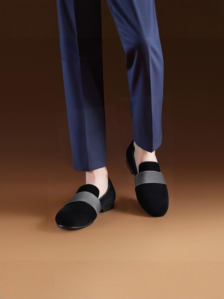 Imported black velvet spliced with gray velvet wedding banquet catwalk loafers British style elegant men's smoking shoes