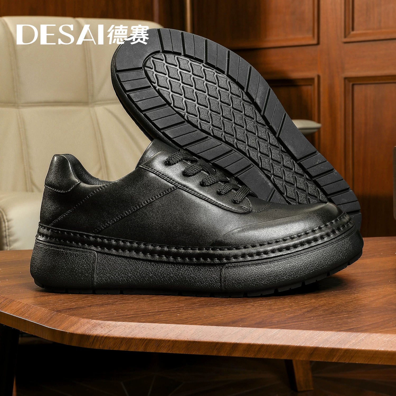 Men's Genuine Leather Skate Shoes, Height Increasing, Thick Sole