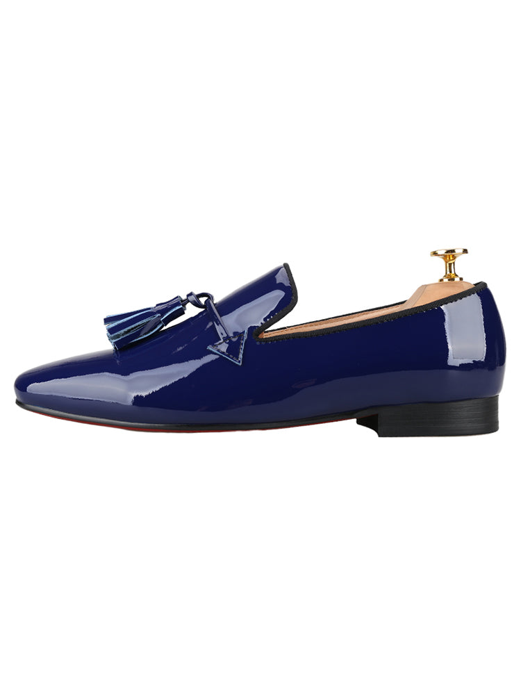 New imported blue and black patent leather men's classic tassel loafers European and American style handmade slip-on trendy men's shoes