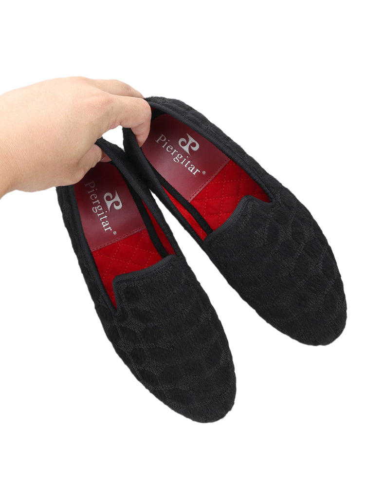Piergitar's new handmade black velvet plaid men's loafers European and American style trendy banquet slip-on shoes