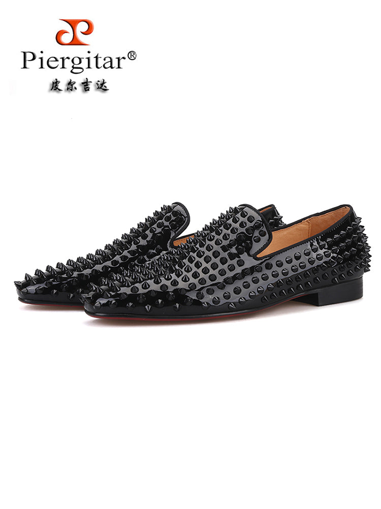 PIERGITAR men's patent leather handmade loafers European and American style black rivet shoes large size one-leg trendy shoes for men