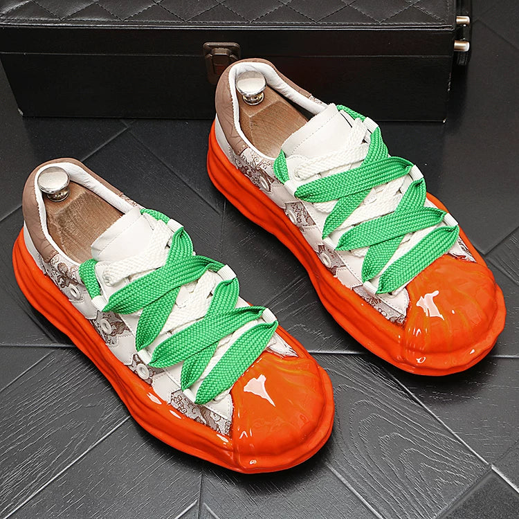 Men's Platform Low-Top Genuine Leather Korean Style Color-Block Skate Shoes