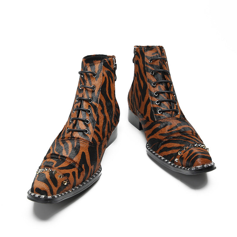 Chelsea boots autumn and winter men's pointed-toe British leopard print Martin boots youth high-top leather boots brown short boots leather shoes trendy