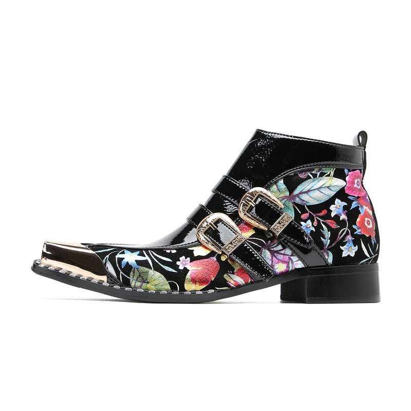 Printed new handmade shoes brand British thick-soled Chelsea boots men's trendy cowhide Martin boots square toe high-top short boots