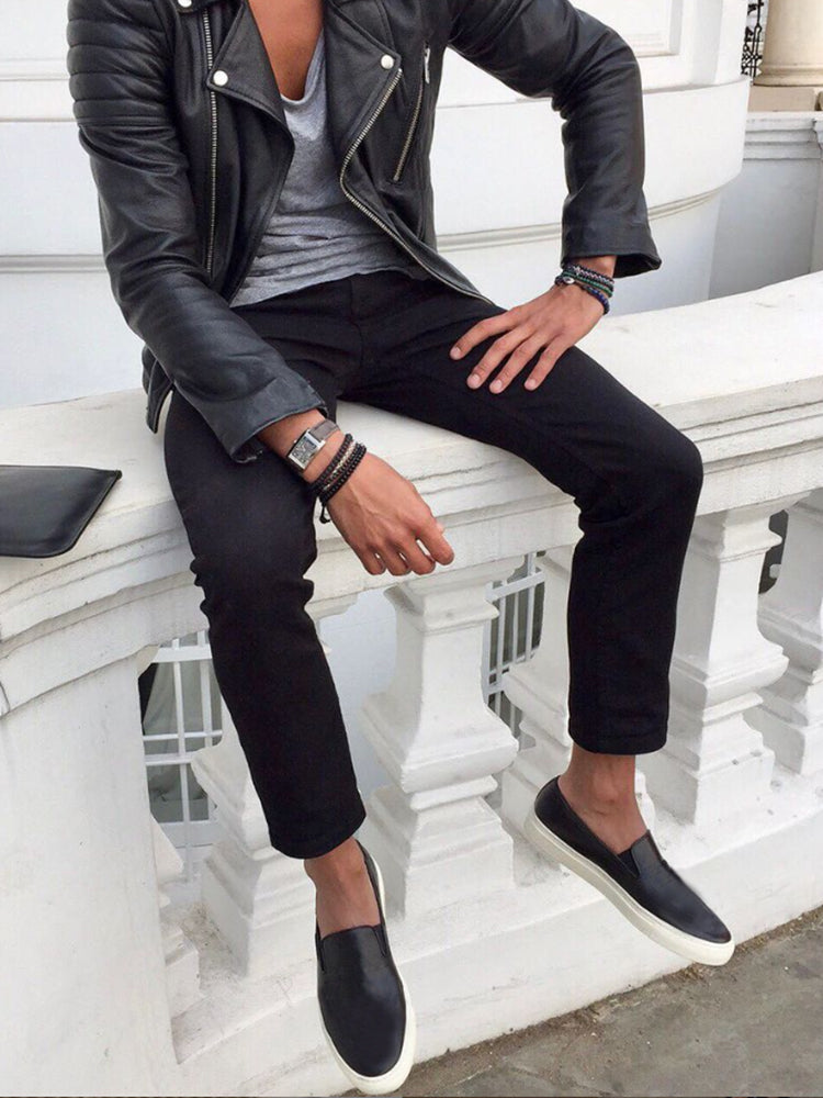 Handmade black cowhide men's slip-on white-soled shoes British style trendy slip-on loafers suitable for dates