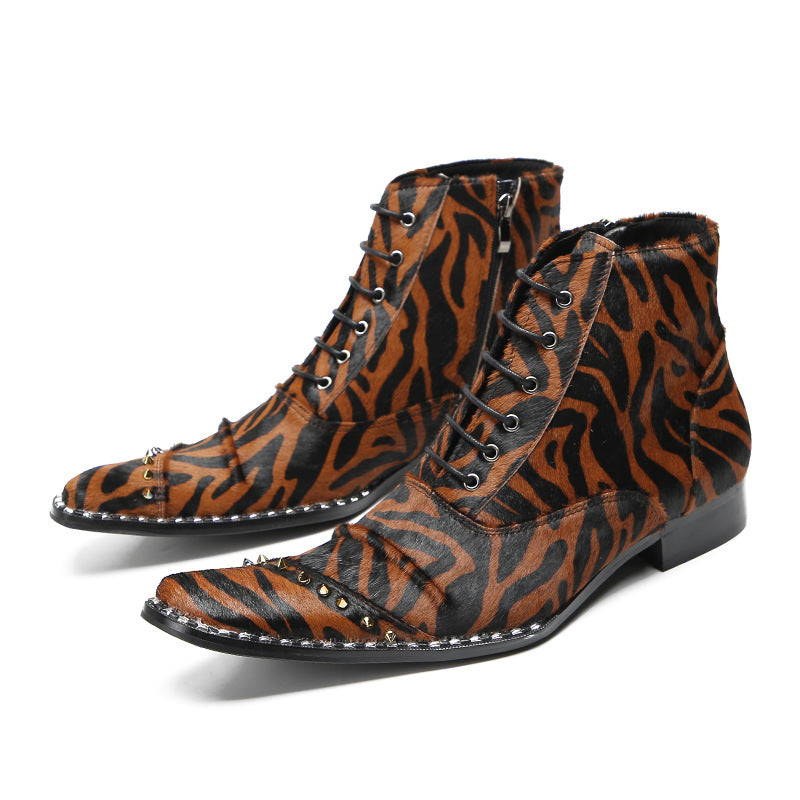 Chelsea boots autumn and winter men's pointed-toe British leopard print Martin boots youth high-top leather boots brown short boots leather shoes trendy