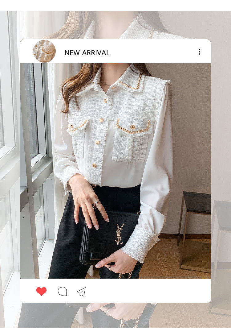2024 autumn new design sense niche foreign style long sleeve heavy silk shirt women's small fragrant top