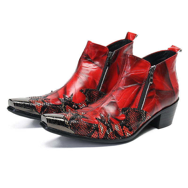 Chinese red printed work boots American retro men's boots high-top Martin boots increased pointed toe men's short boots Roman style