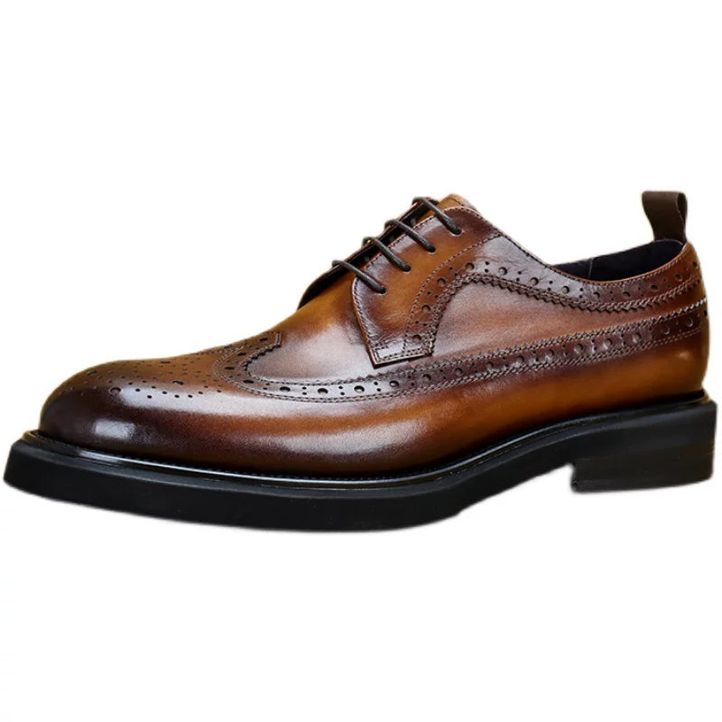Men's Brown Genuine Leather Leather Shoes, Height Increasing, Thick Sole
