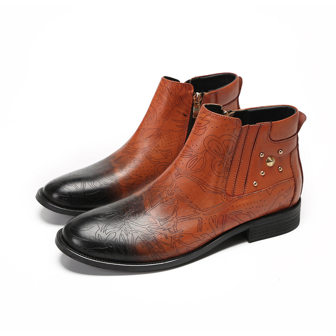 Men's Brown Leather Boots – Embroidered, Retro
