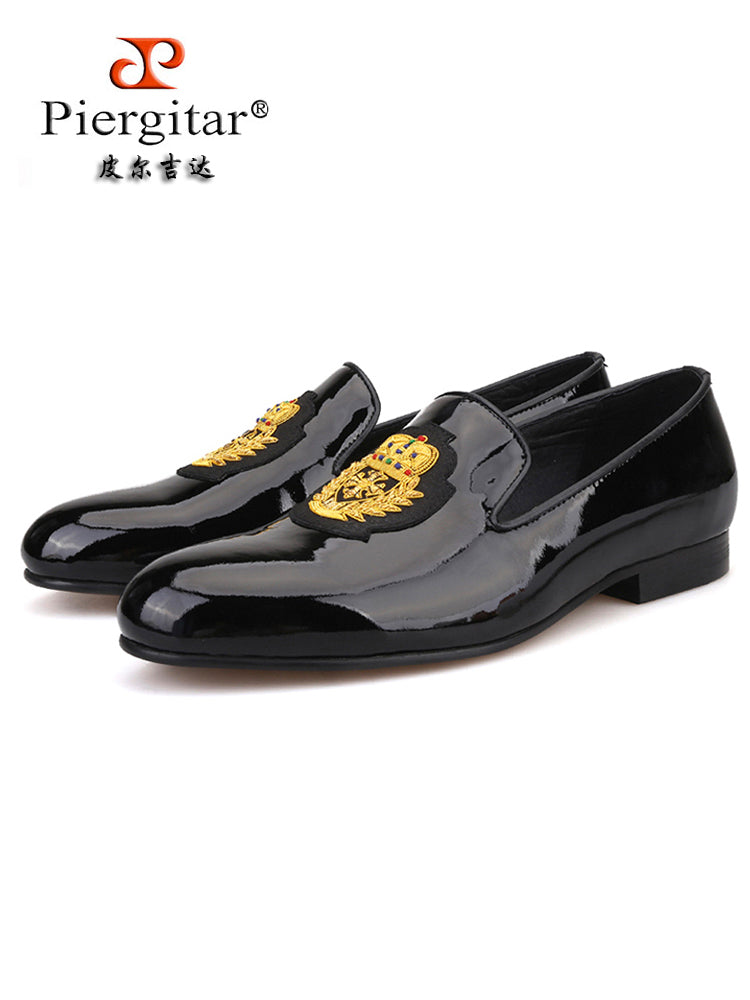 New men's genuine leather patent leather loafers imported crown Indian silk trendy wedding banquet slip-on formal shoes