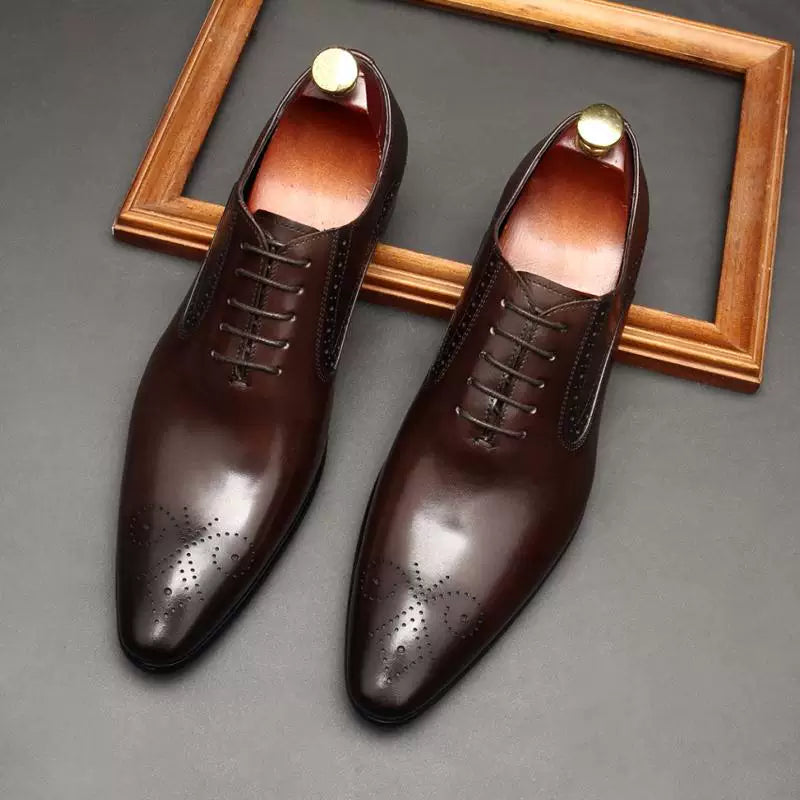Men's Genuine Leather Derby Shoes, Pointed Toe, Lace-Up