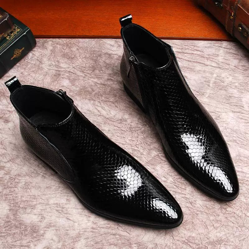Men's Genuine Leather Martin Boots, Patent Leather, Pointed Toe